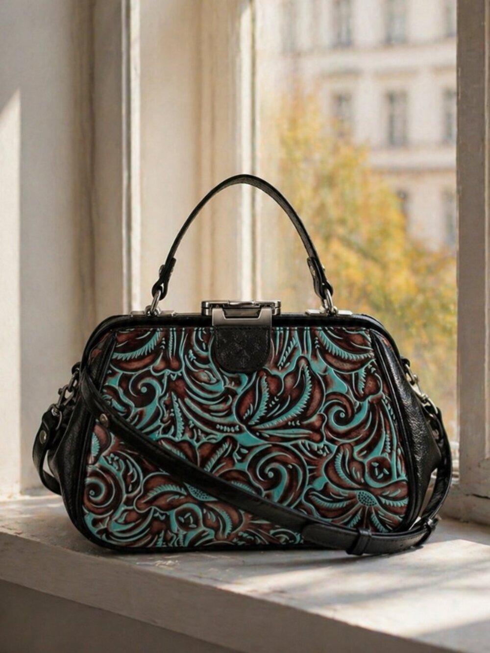 Patricia Nash Turquoise Framed Gracchi Tooled Brntl Leather Crossbody Handbag